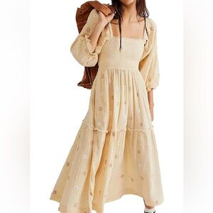 Smocked maxi dress with floral embroidery